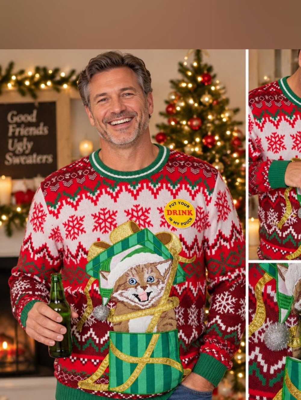 Men’s Ugly Christmas Sweater L 42-44 Cat Drink Pouch 3D Novelty Holiday